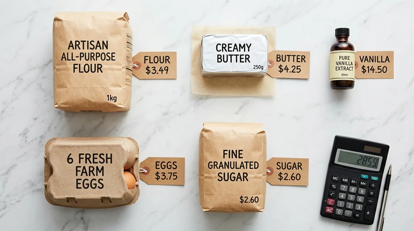 Baking ingredients with price labels on a marble countertop including flour, butter, eggs, sugar, and vanilla extract with a calculator