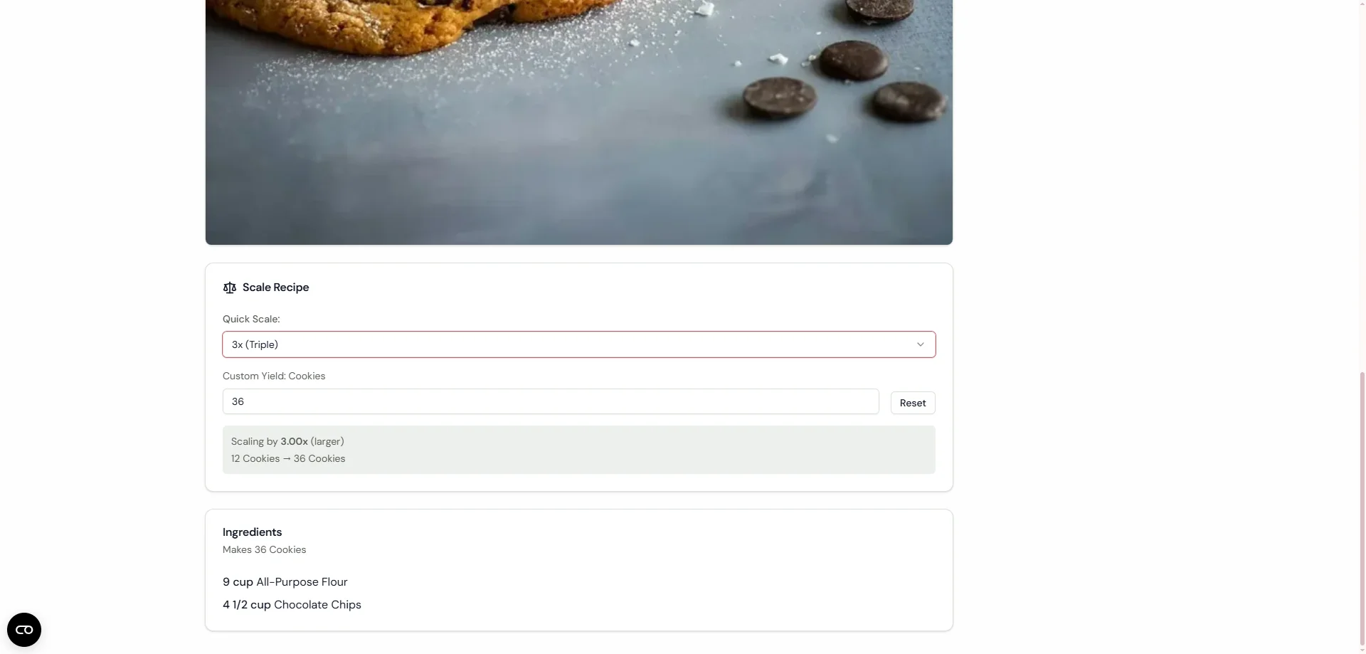 DoughMetrics scale recipe interface showing batch multiplier, custom yield input, and scaled ingredient quantities for cookies