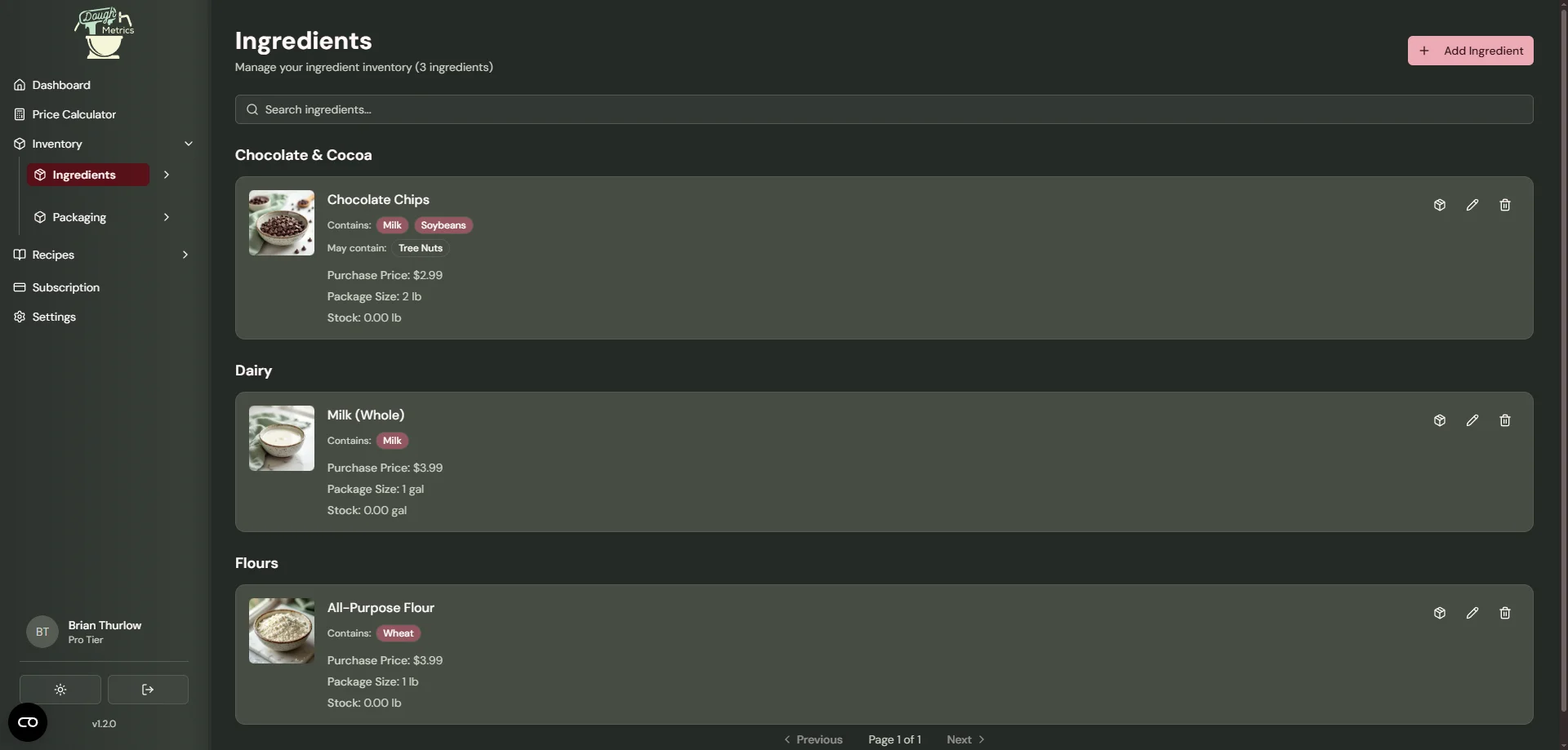 DoughMetrics ingredient list organized by category showing chocolate, dairy, and flour items with prices, package sizes, and stock levels