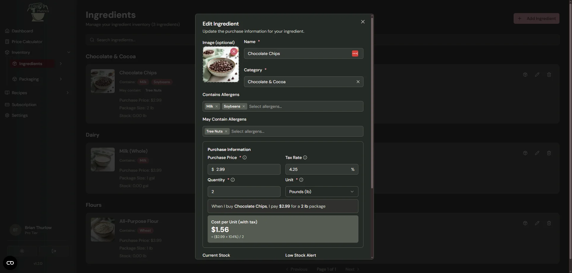 DoughMetrics ingredient editor showing cost-per-unit calculation for chocolate chips with purchase price, tax rate, and package size fields