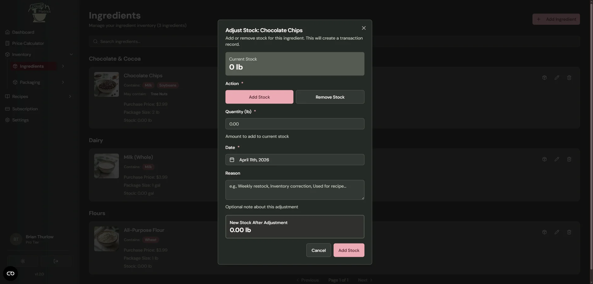 DoughMetrics stock adjustment dialog for chocolate chips showing add or remove stock with quantity, date, and notes fields