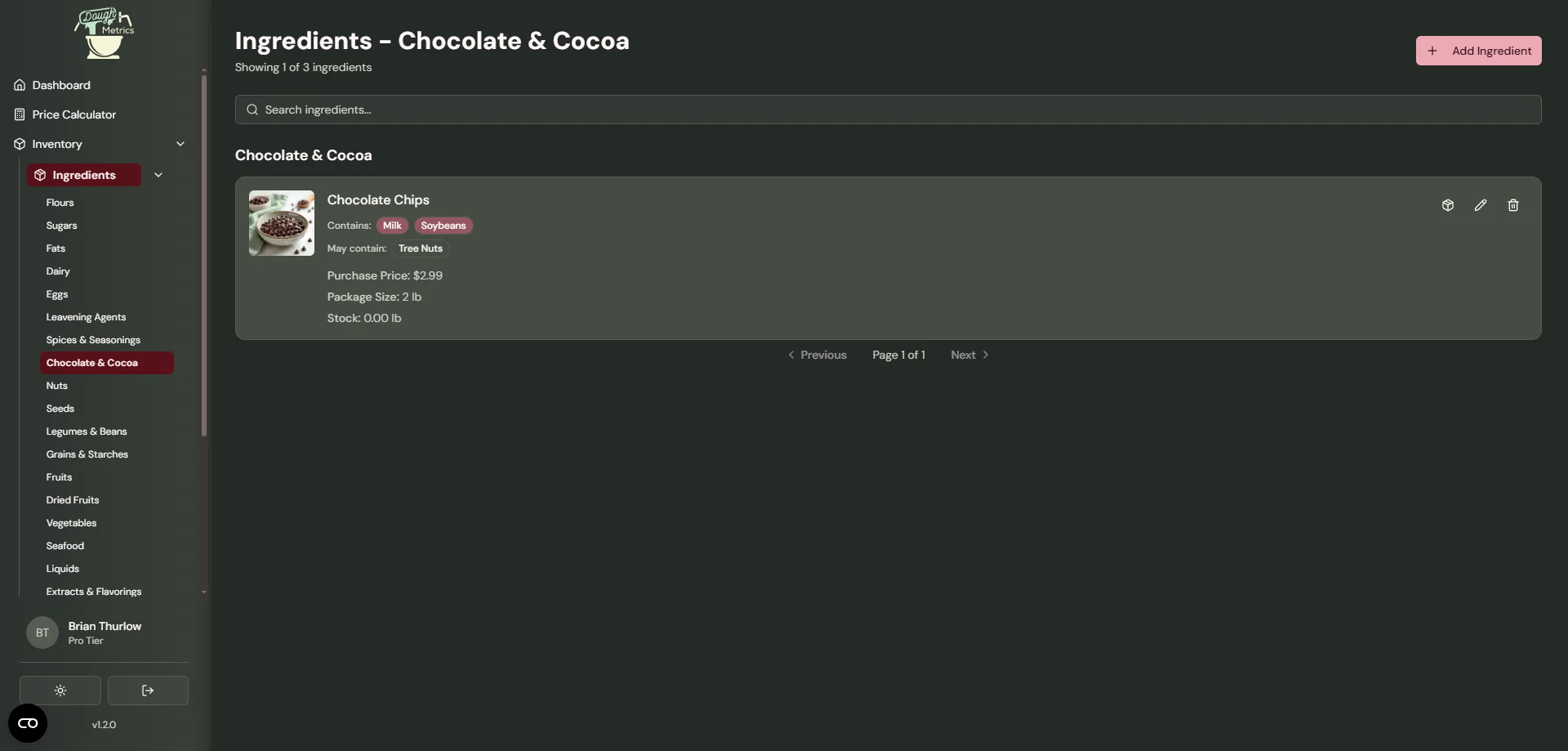 DoughMetrics ingredient list filtered by Chocolate and Cocoa category with category sidebar navigation expanded