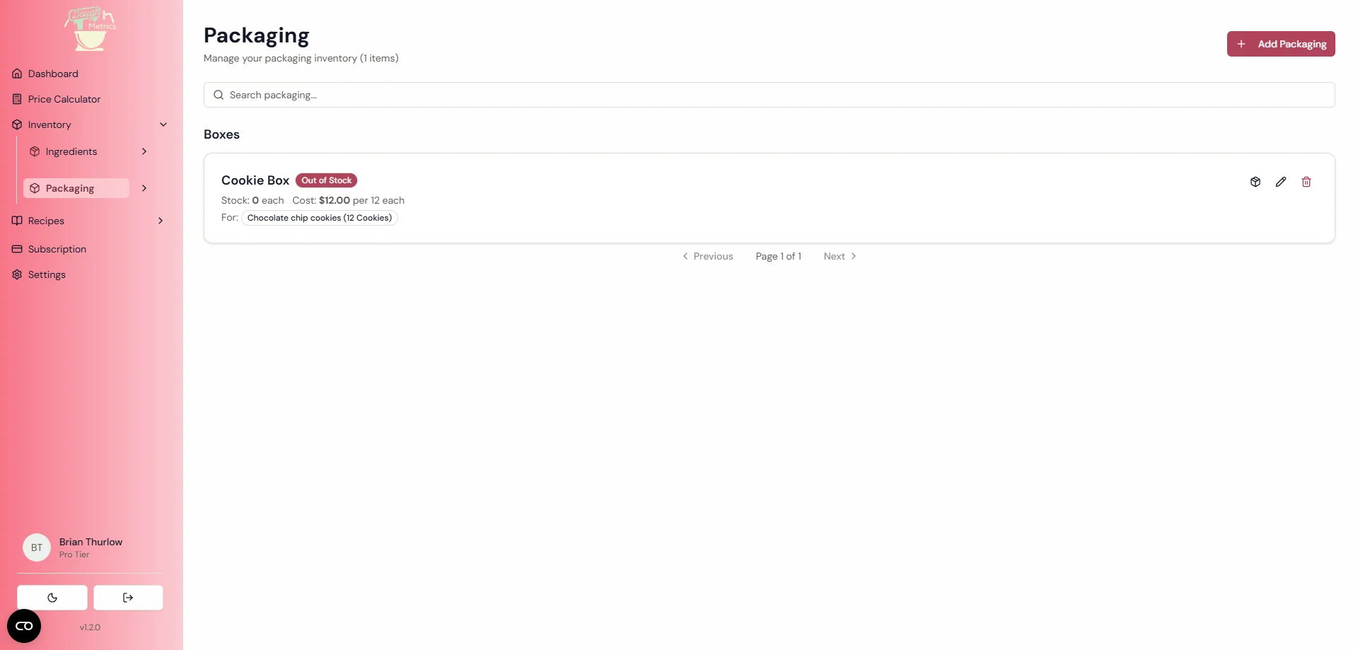DoughMetrics packaging list showing a Cookie Box item with cost, stock level, and category tags