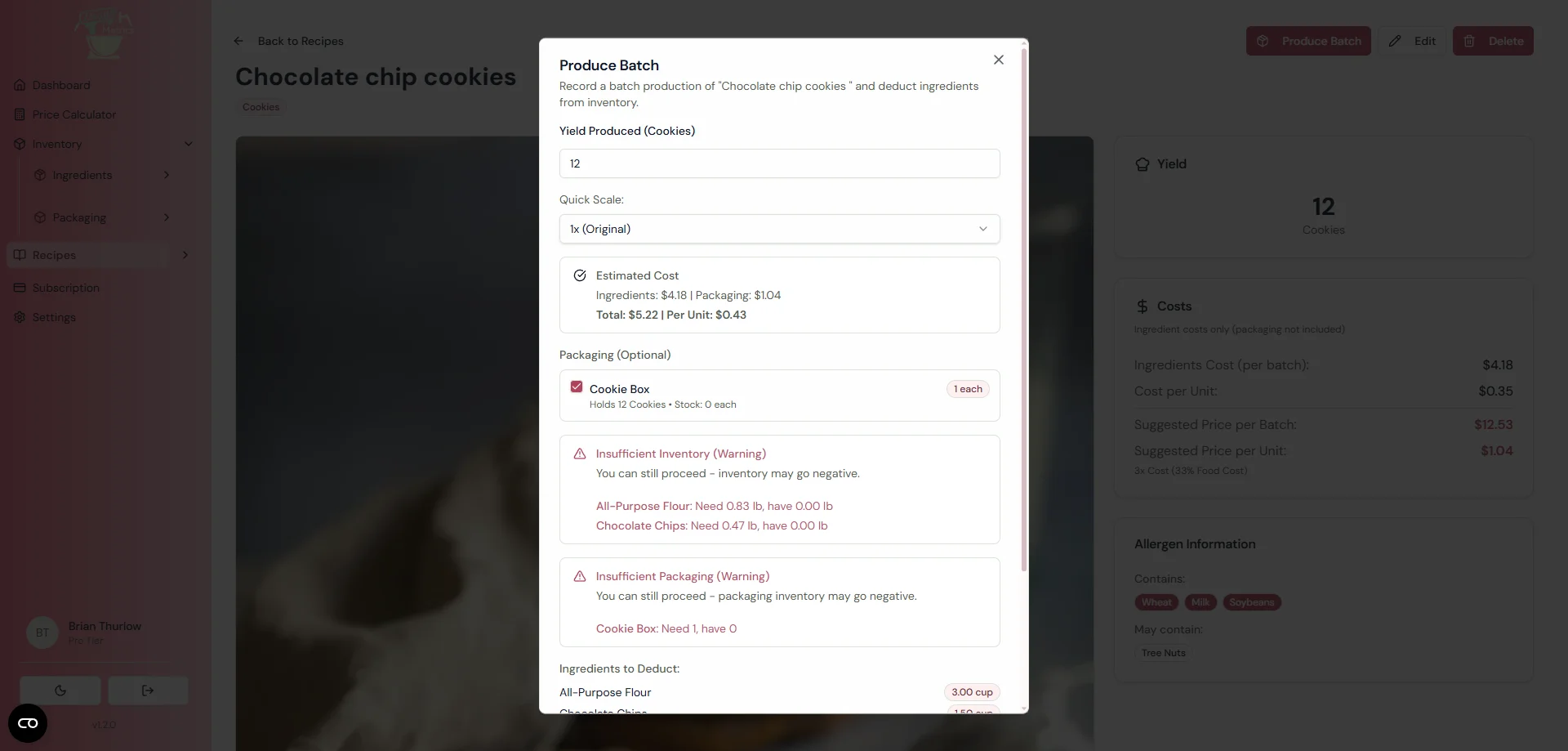 DoughMetrics produce batch dialog showing packaging items included in a recipe cost calculation with inventory warnings