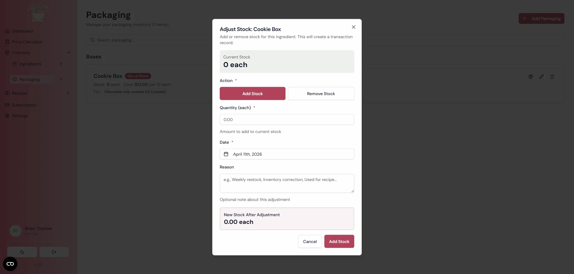 DoughMetrics packaging stock adjustment dialog showing add or remove stock with quantity, date, and notes fields