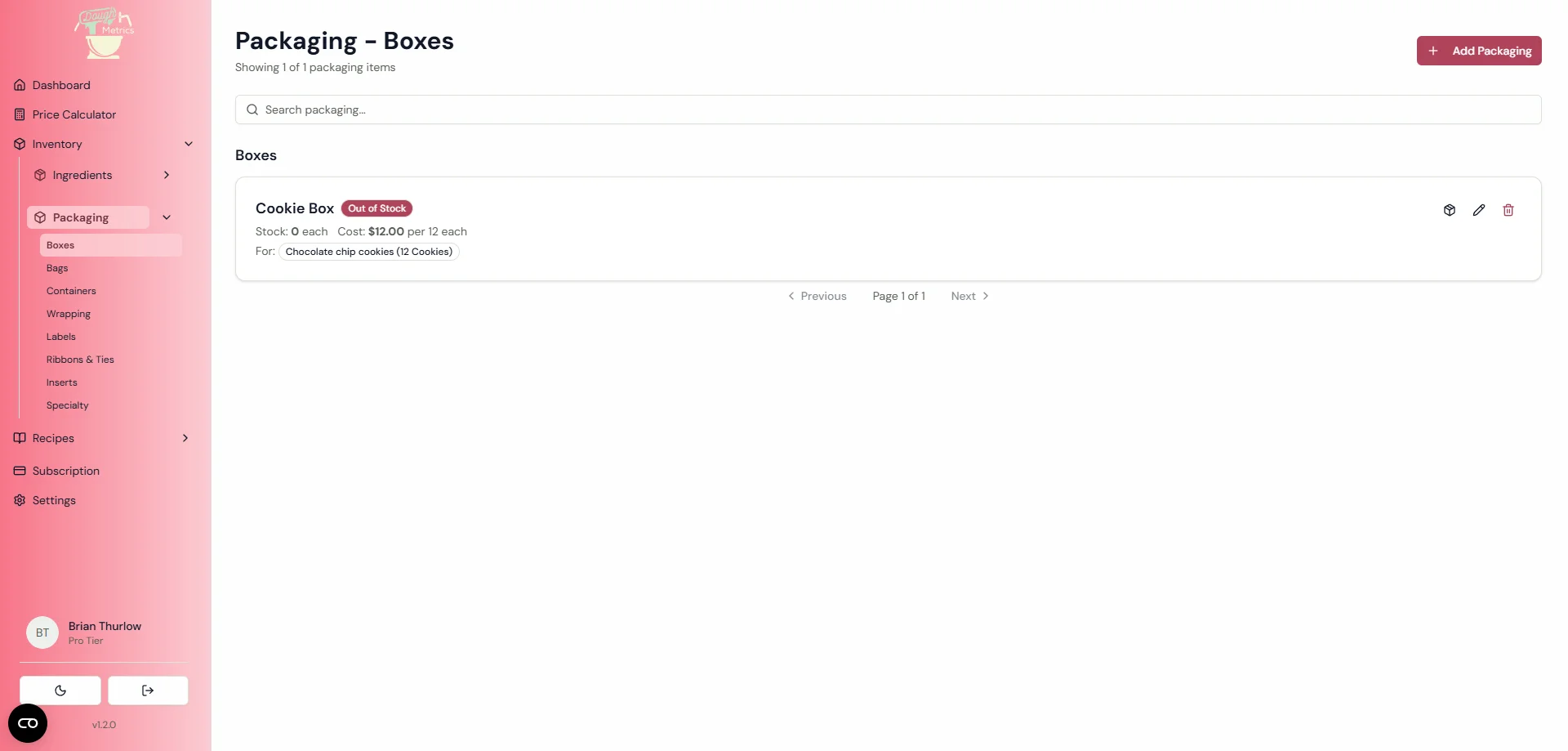 DoughMetrics packaging list filtered by Boxes category with category sidebar navigation expanded