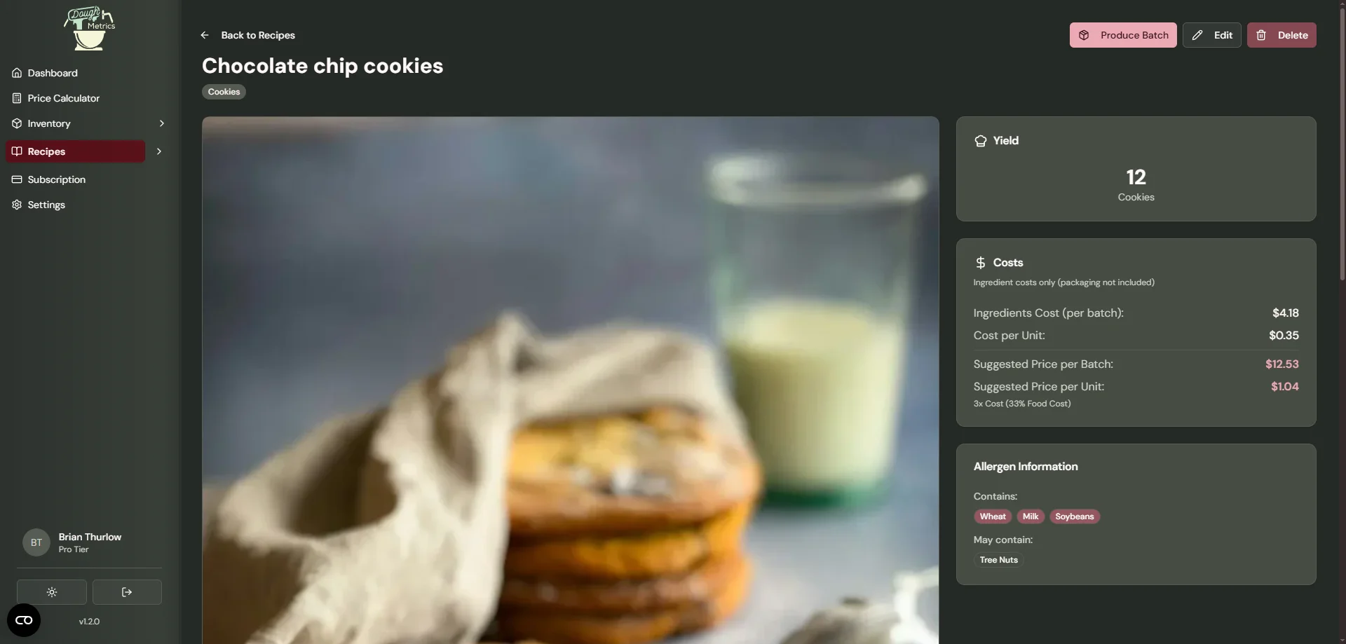 DoughMetrics recipe detail for chocolate chip cookies showing yield, ingredient costs per batch, cost per unit, suggested retail price, and food cost percentage